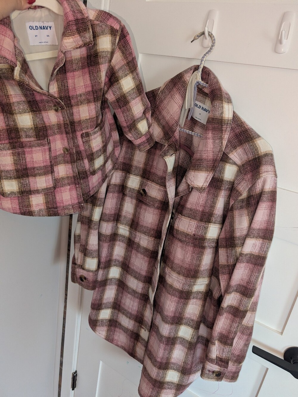 Mommy And Me Old Navy Pink and Brown Plaid Button-Up Shirt Jacket Shacket